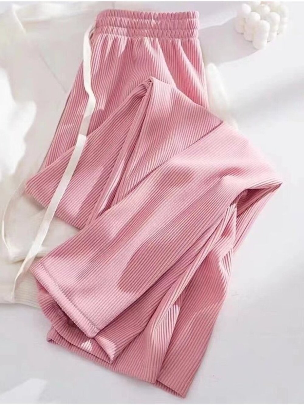 Women Ribbed Loungewear Pants Size PS Pink Straight Leg Drawstring Elastic Waist